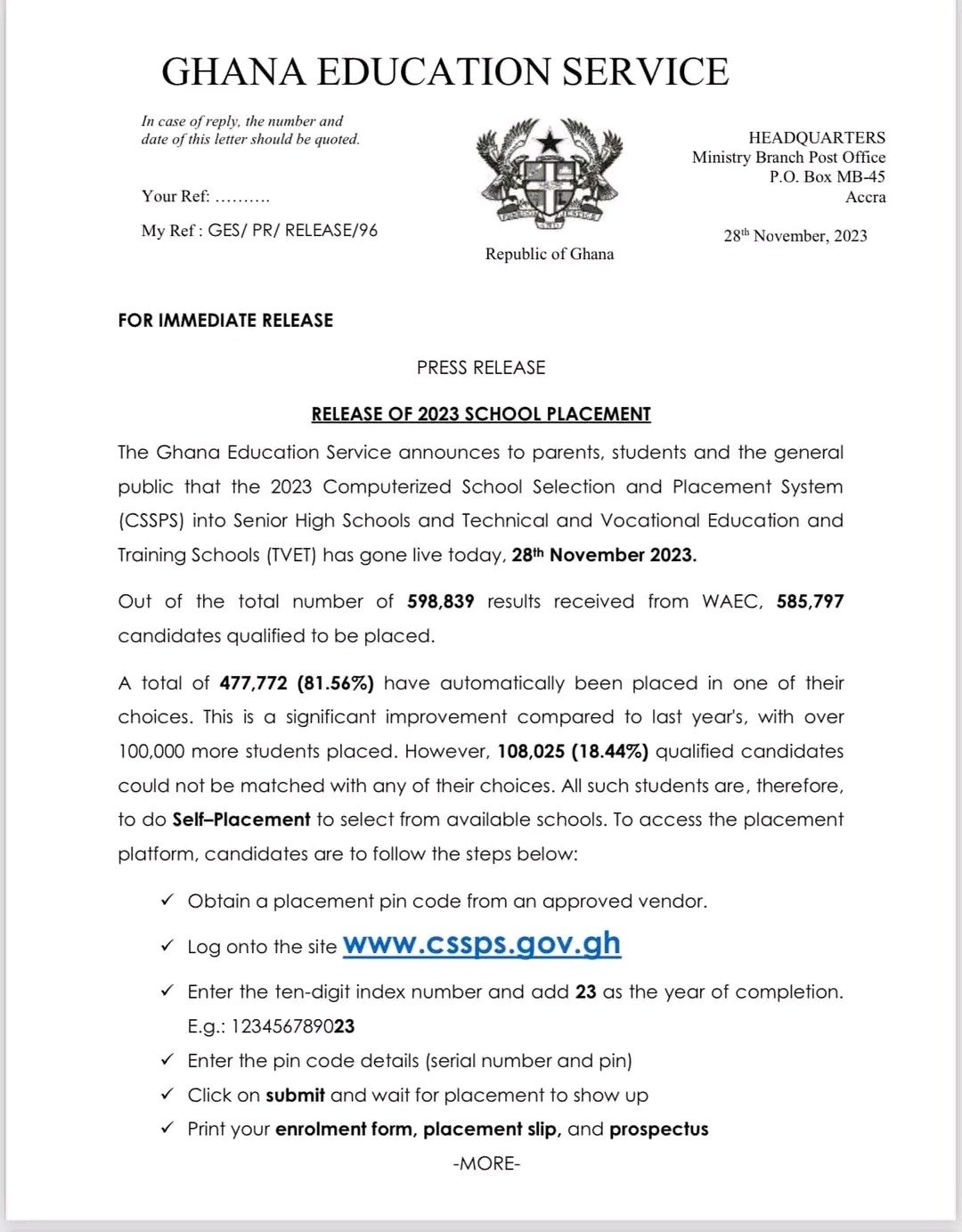 Release Of 2023 School Placement Results (Full Statement)