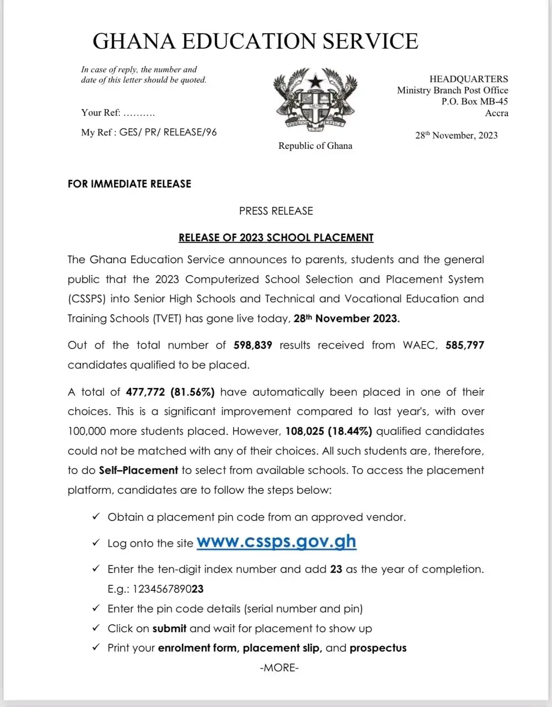 Release Of 2023 School Placement Results (Full Statement)