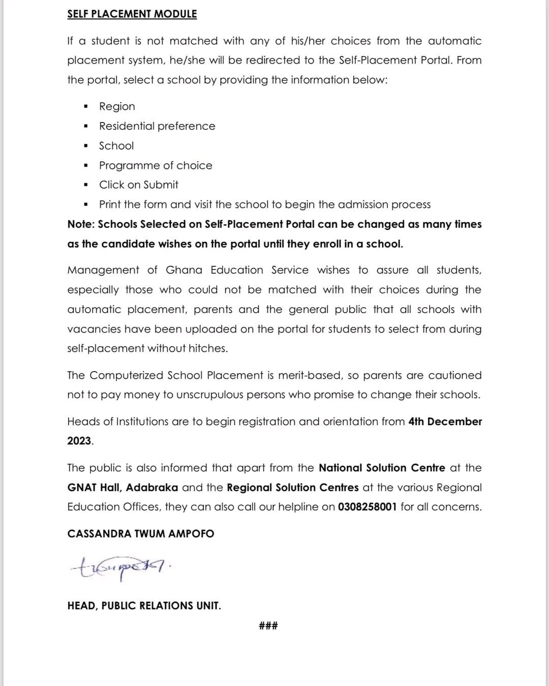 Release Of 2023 School Placement Results (Full Statement)